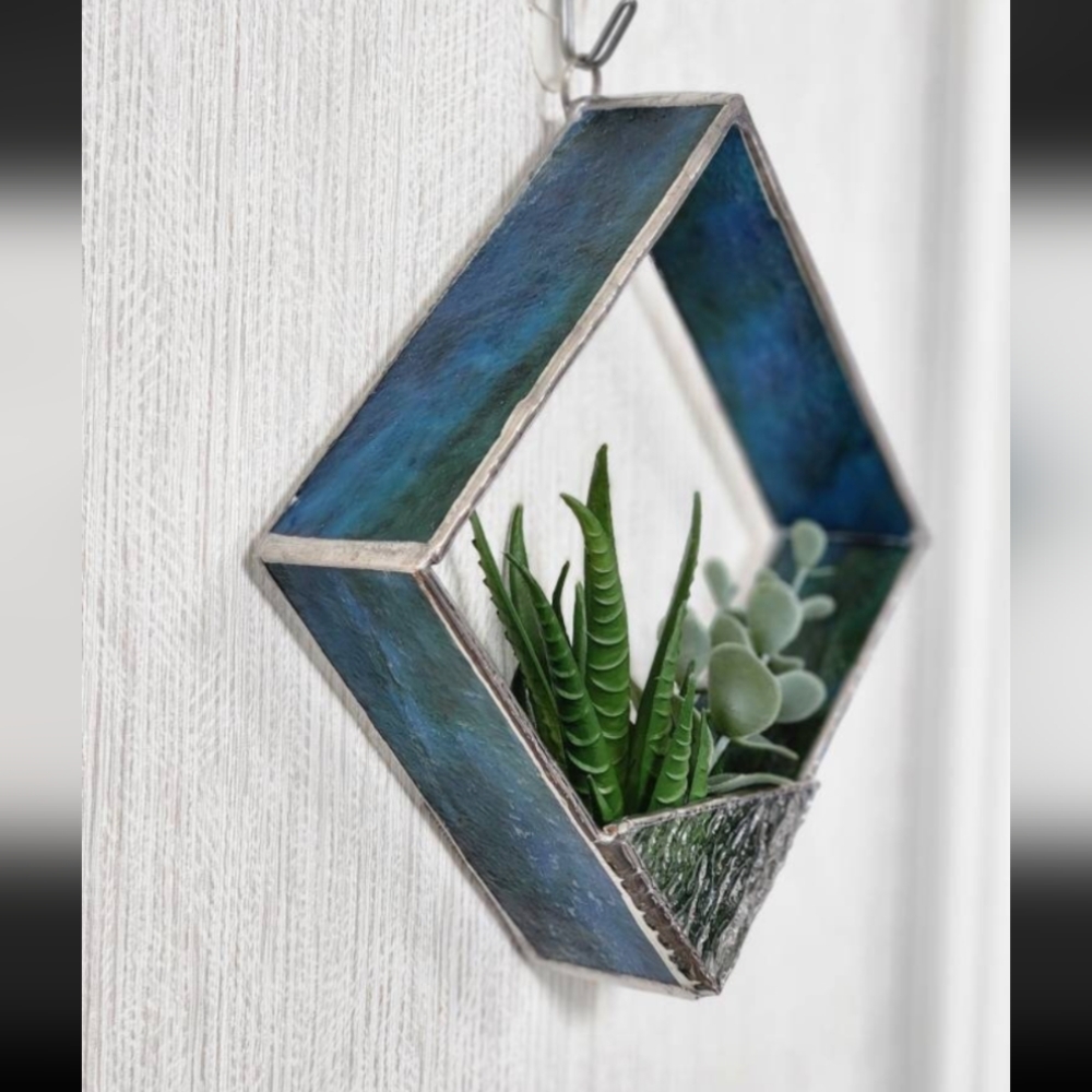 Handmade Blue Stained Glass Shadow Box Floral Wall Planter with Faux Succulent